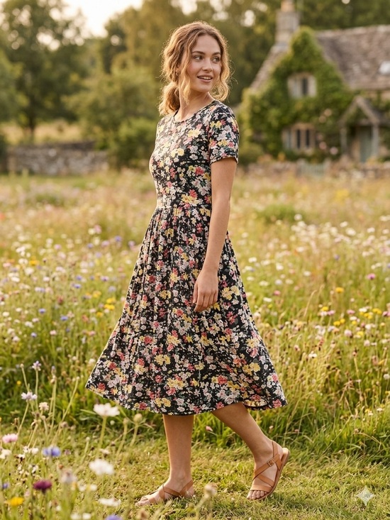 Mikarose Dresses & Skirts - Mikarose Black Floral Short-Sleeve Midi Dress